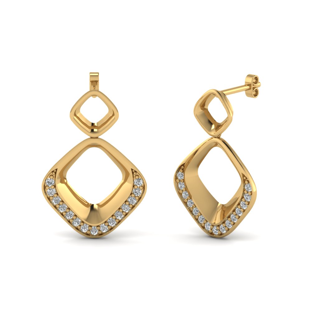Yellow Gold Round White Diamond Dangle Earrings In Pave Set ...