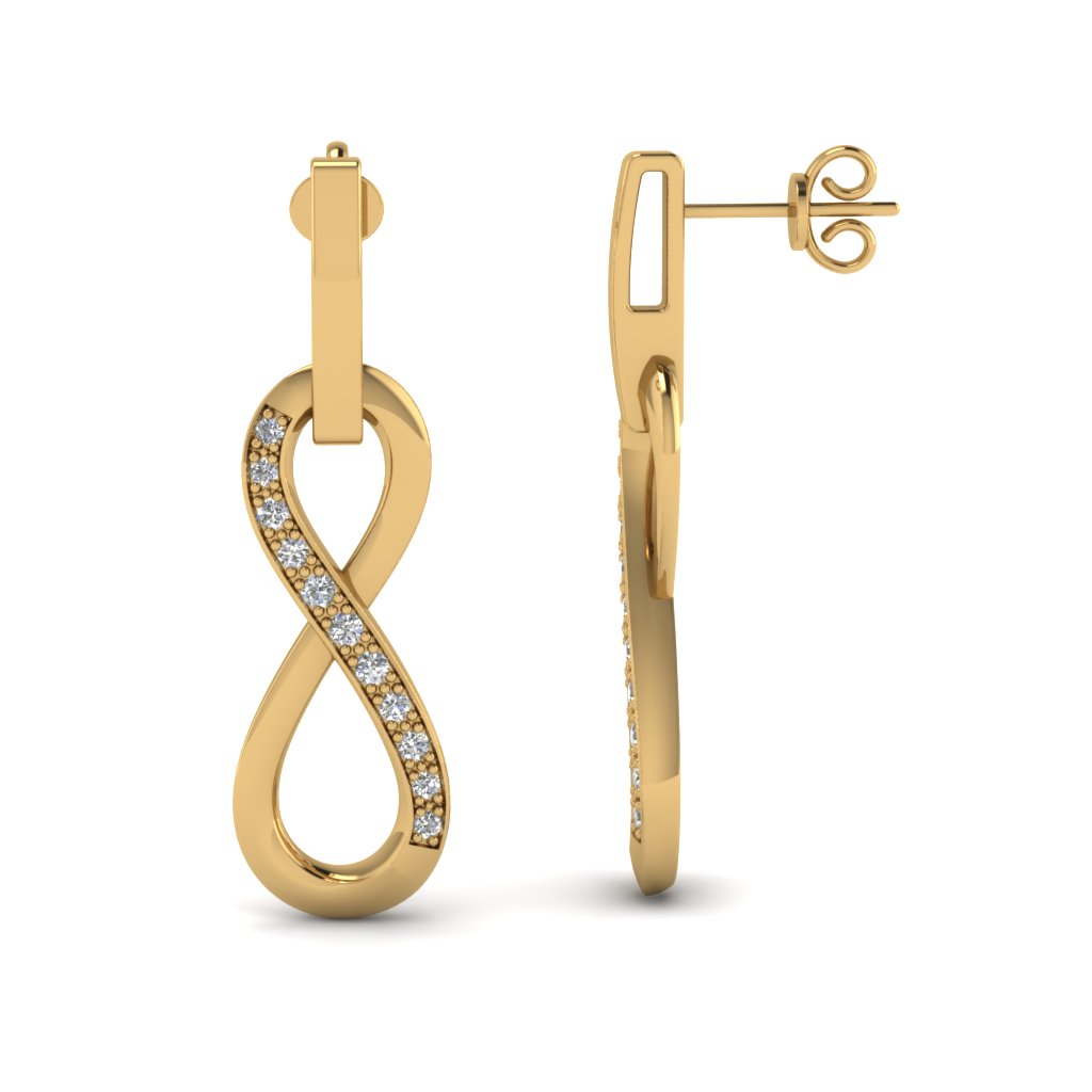 Yellow Gold Round White Diamond Drop Earrings In Pave Set Yellow Gold Round White Diamond Drop Earrings In