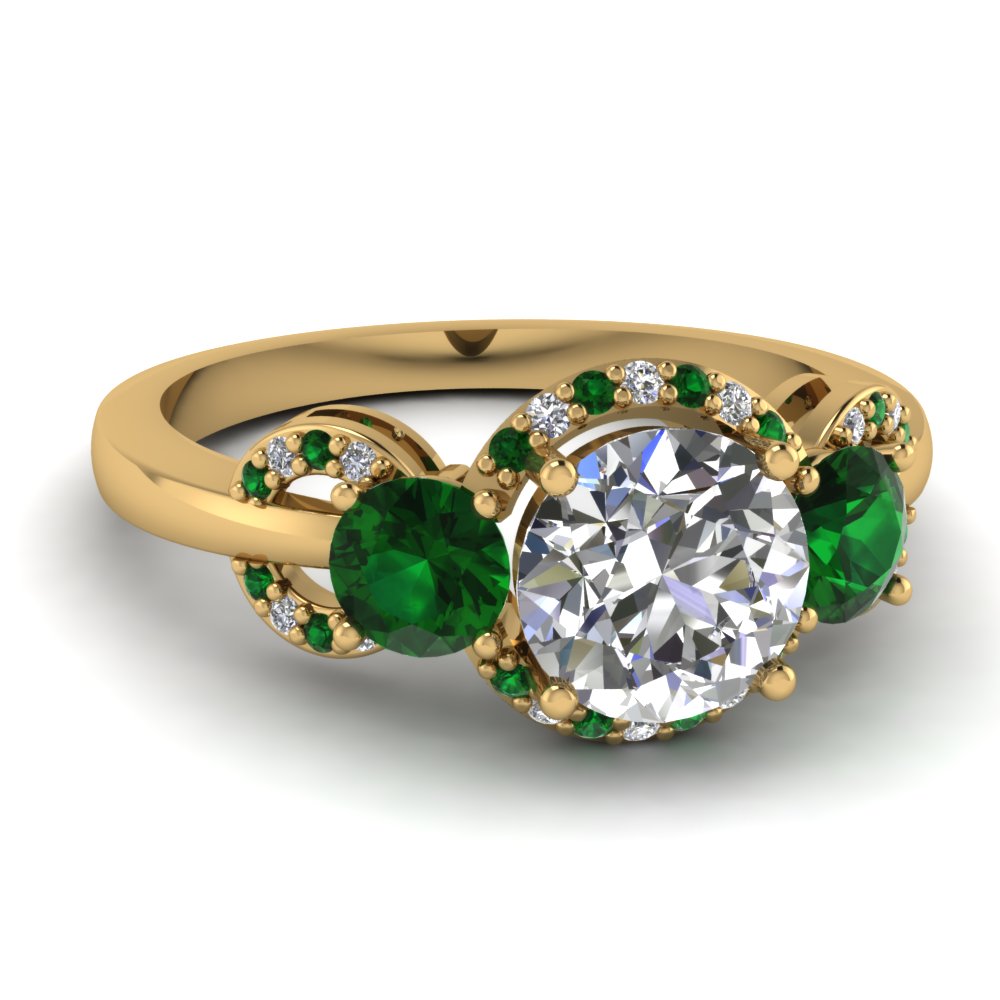 Delicate 3 Stone Halo Diamond Engagement Ring With Emerald In 14K ...