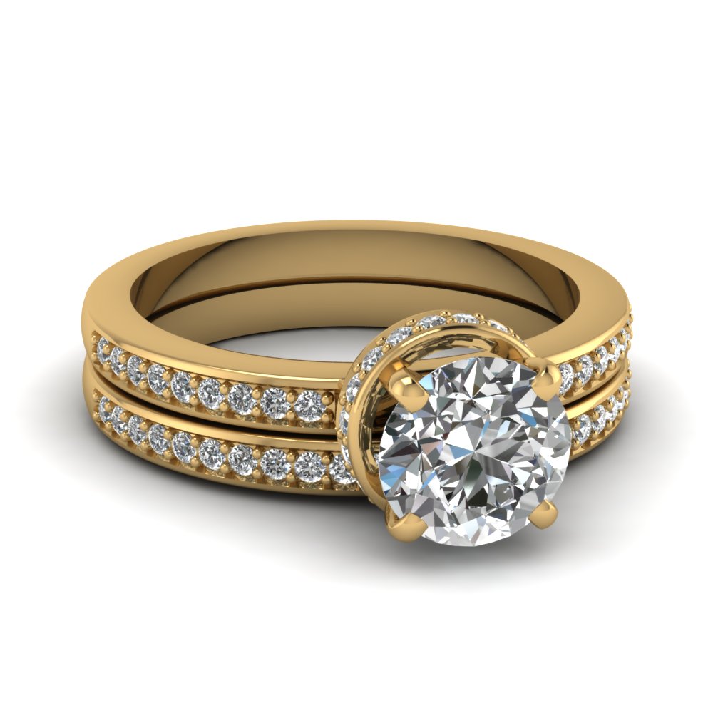 Round Shaped Pave Hidden Halo Diamond Wedding Ring Set with White Diamond in 14K Yellow Gold