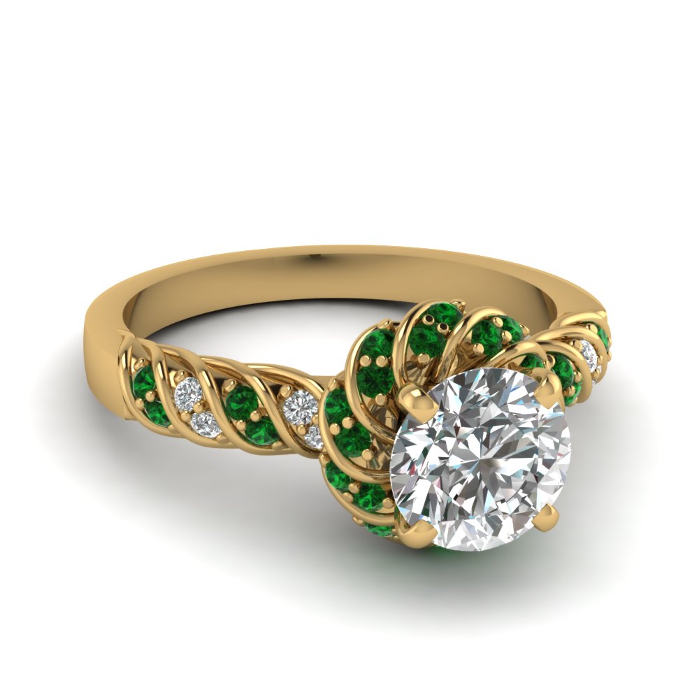 Emerald Twisted Halo Round Cut Diamond Ring In 14K Yellow Gold ...