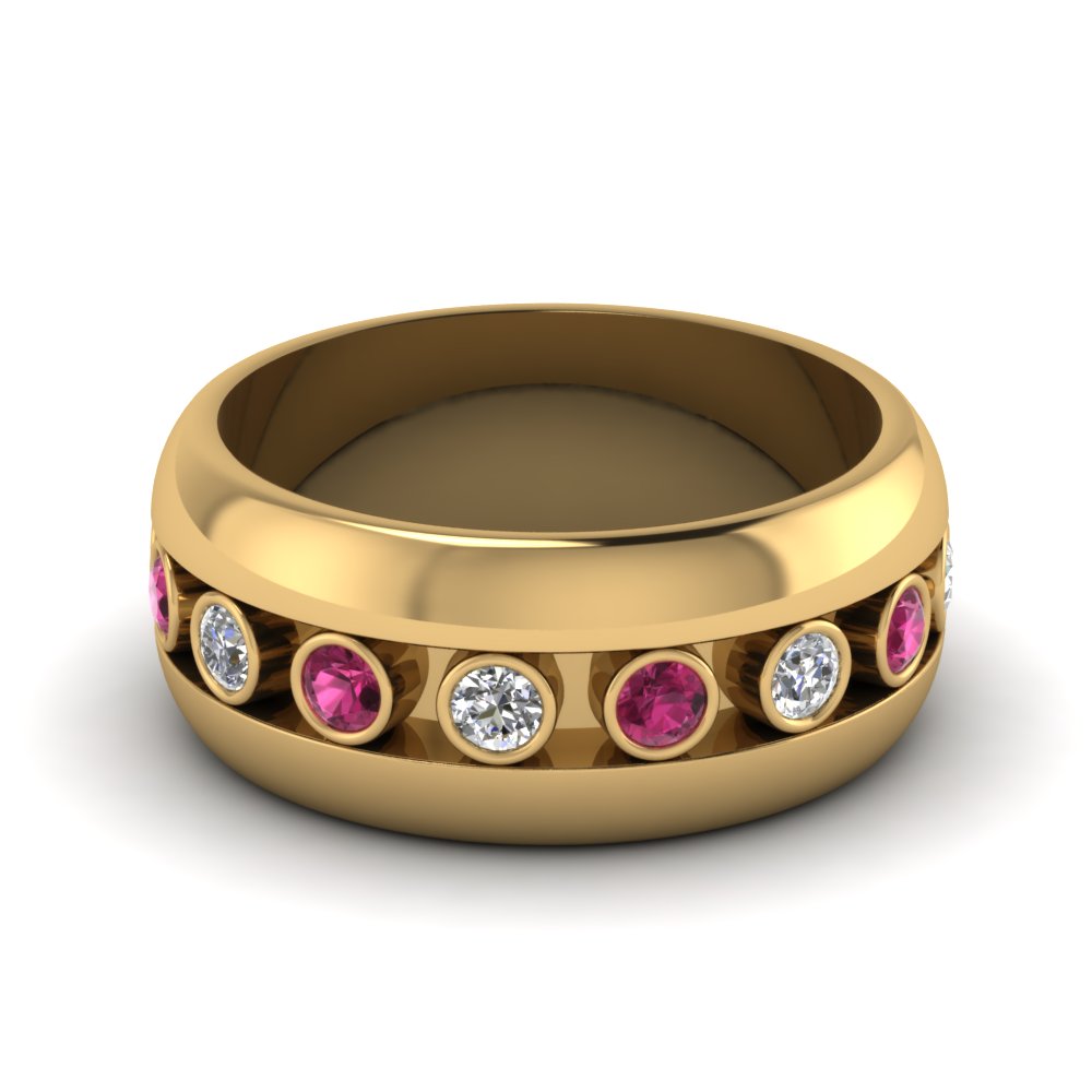 yellow gold round white diamond mens wedding band with dark pink sapphire in bezel set FDDB1326BGSADRPI NL YG