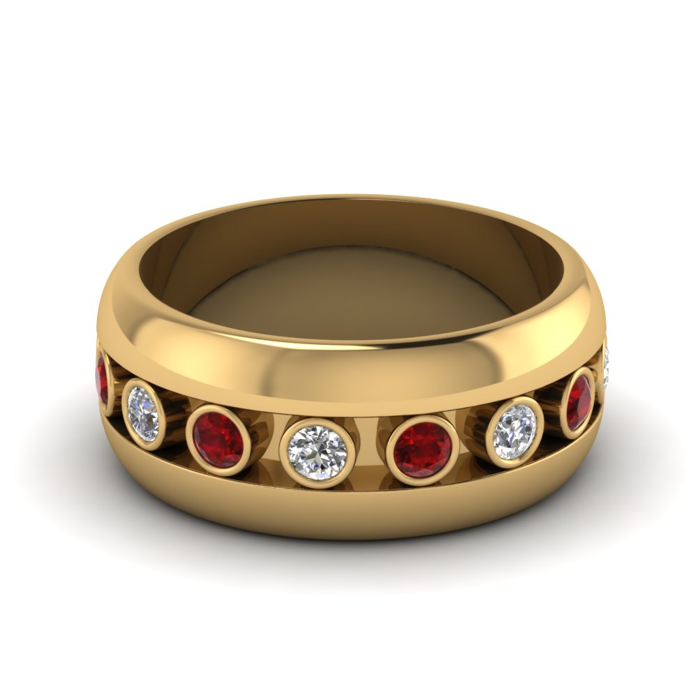 Bezel Diamond Mens Wedding Band With Ruby In 14K Yellow